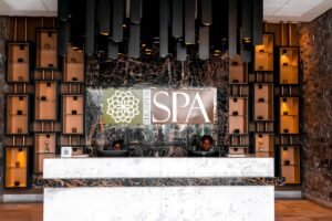 The modern spa's reception desk is welcoming