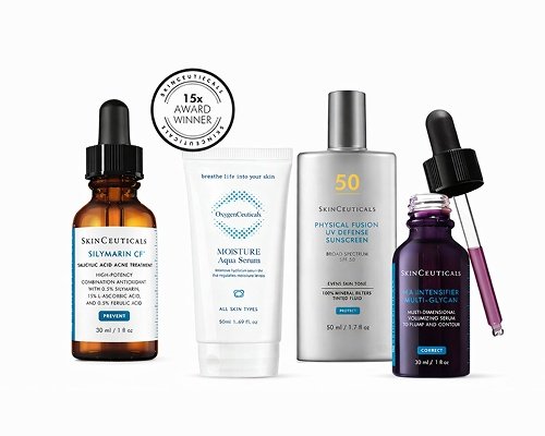 Professional skincare serums and SPF products used during microneedling treatment to enhance skin rejuvenation, hydration, and collagen production.